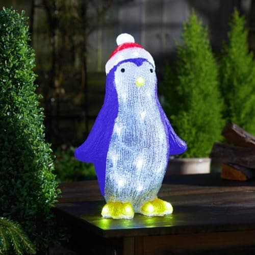 Image of Marco Paul 30cm Acrylic LED Penguin Christmas Decoration Light - Battery Operated Figure with Auto Timer Indoor & Outdoor Xmas Ornament - Home & Garden Festive Lighting Decor