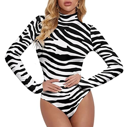 Image of Lurhonp Women Long Sleeve Turtleneck Jumpsuit Zebra Print Bodysuit Tops, Black, Large