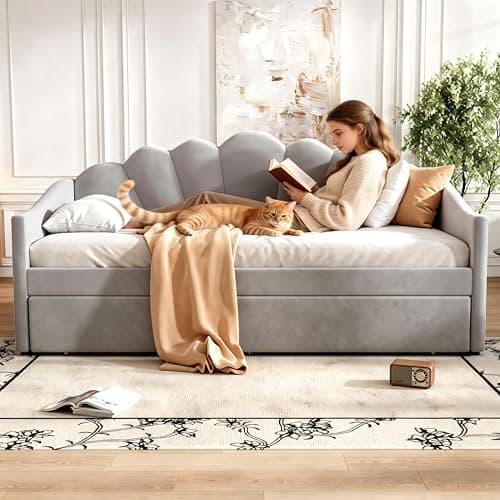 Image of Su & Chan Legence Single Day Bed with Pull Out Trundle, Upholstered Trundle Bed with Scalloped Cushions, Wooden Bed Frame with Sturdy Slats, No Mattress, Velvet, 90 x 190cm, Grey