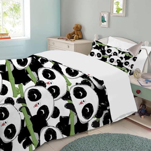 Image of Yasida Panda Bedding Boys Duvet Sets For Single Bed With Cute Panda And Bamboo Elements For Children/Teenagers Black And White Duvet Covers With Zip Fastening For Cute Bedding Bedroom Collection