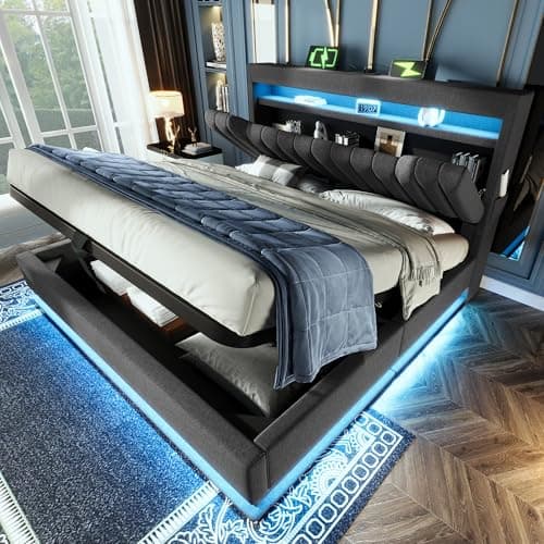 Image of 4ft6 Double Ottoman Bed with Hydraulic Lift&LED Concealed Storage Headboard, Functional Upholstered Bed Frame with LED Lighting&USB Charging, Linen Gas Lift Storage Bed with Slat, No Mattress, Grey