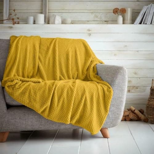 Image of Waffle Popcorn Honeycomb Throws Blankets Super Soft Warm Cosy Throw Over Sofa Sette Bed Blankets Extra Large Snuggle Fleece Thermal Throws For Kids & Adults (Ochre, Double - 150 x 200cm)
