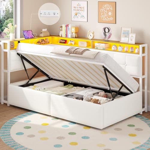 Image of DICTAC Hydraulic Single Ottoman Bed Side Lift with Storage, LED Lights & USB Charging Ports | Upholstered Lift Up Bed Frame with Solid Wood Slats & Open Shelves, Space-Saving Bed -Kids, Teens, Adults