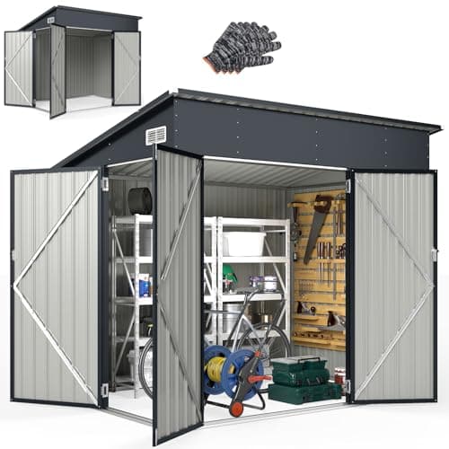 Image of COSTWAY 8 x 4ft/8 x 6ft/10 x 8ft Galvanized Metal Garden Shed with 2 Front Doors & Side Door, Safety Locks, Keys, Sloping Roof & Air Vents, Weatherproof Tool Storage Shed House (8x6ft, 235x174x197cm)