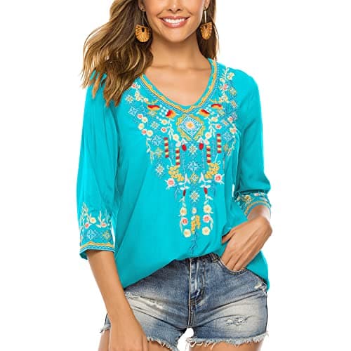 Image of Seasonal Women's Boho Embroidered Tops Mexican Peasant Style Bohemian 3/4 Sleeve Shirt Hippie Clothes Summer Tunic Blouses (Blue, L)