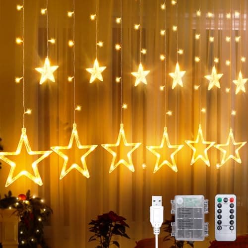 Image of CNMTCCO Christmas Star Window Lights, 12 Stars 138 LED Curtain String Lights with 8 Flashing Modes Decoration for Wedding, Party, Wall, Christmas Decorations, Battery&USB Powered (Warm White)