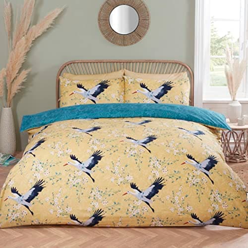 Image of Rapport Home Crane Birds Single Bedding: Luxurious Reversible Microfibre Duvet Cover Set in Ochre with 180 Threadcount