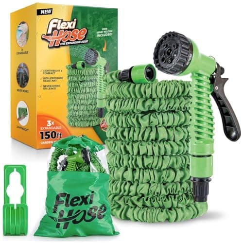 Image of Flexi Hose Expandable Garden Hose - 150FT Heavy Duty Water Hose, Retractable Hose with 3/4-Inch Fittings - Expandable Hose Design & Spray Nozzle Included - Green, 45 Metres