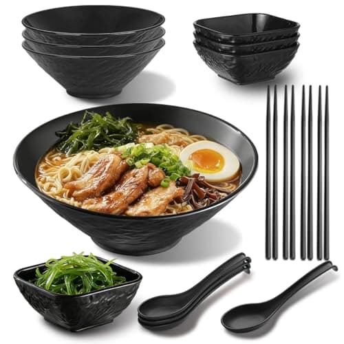 Image of Berglander Ramen Bowl Set 1200mL of 4 with Dipping Bowls Chopsticks Spoons, Unbreakable Japanese Style Plastic Noodle Soup Bowls for Asian Pho Soup Thai Miso Udon Wonton