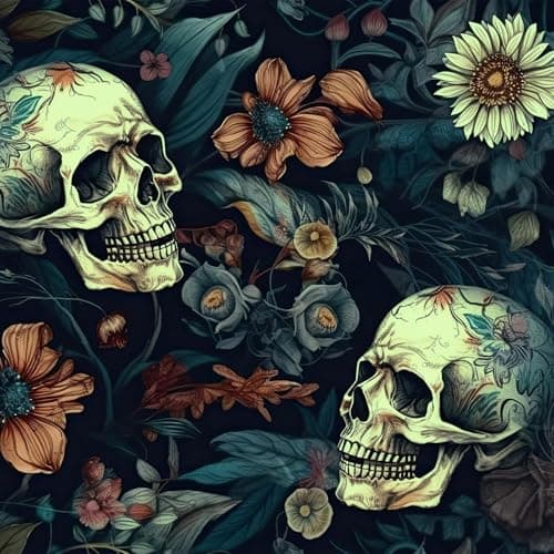 Image of FunStick Self Adhesive Wallpaper Dark Floral Skulls Gothic Vinyl Wrap for Kitchen Cupboards Shelves Black and Yellow Removable Dark Flower Wallpaper for Living Room Bathroom Halloween Decor 44.5CMx3M