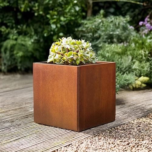 Image of Nicoman Corten Steel Cube Planter, Indoor & Outdoor, 50x50x50 cm, Rust, Weathering Steel, Pre-Rusted Finish, Square, Freestanding Garden Planter