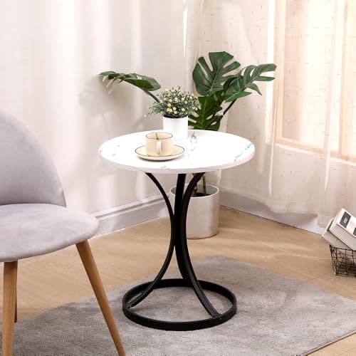 Image of Pantanal Living Room Marble Coffee Table Round End Table, Circle Sofa Table Side Table Office Conversational Table Little Snack Tea Table Wood Tabletop with Black Matal Legs (50cm white marble)