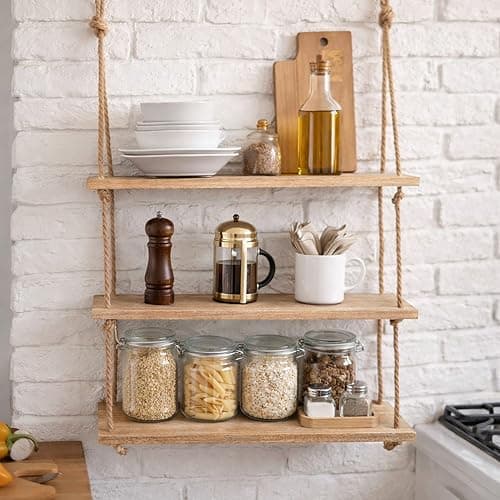 Image of Homezone® Modern 3 Tier Wooden Rope Shelves - Rustic Wall Mounted Floating Shelves - Decorative Hanging Shelves for Nursery, Kitchen, Bathroom, Bedroom, Living Room Decor