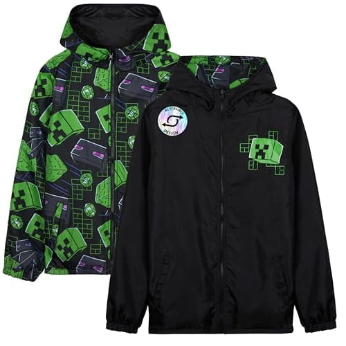 Image of Get Trend Minecraft Rain Coat Boys & Teens, Reversible Water Resistant Jacket, Creeper Lightweight Outerwear, Gamer Gifts for Boys (9-10 Years, Minecraft Reversible)