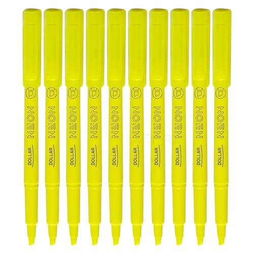 Image of DOLLAR Neon Highlighter Pens, YELLOW, Pack of 10, Chisel Tip (1-4mm), Multipack, Fast-drying, Fluorescent Colour, Perfect for School Office Home Highlighters