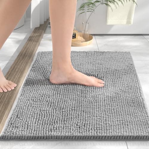 Image of HITSLAM Chenille Bath Mat Non Slip Anti Mould, 60x40cm Ultra Soft Bathroom Mat, Super Absorbent Bath Mats for Bathroom, Machine-Washable Quick Dry Bath Foot Mat, Bath Rug for Shower and Tub, Grey