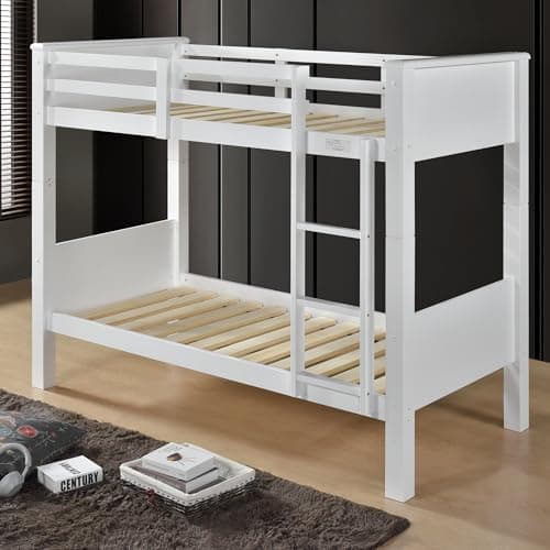 Image of Reinforced Beds, LANGHAM BUNK BED, Wooden Bunk Bed, Rubberwood, Solid Wooden Slats, Modern Bunk Bed Design (White)