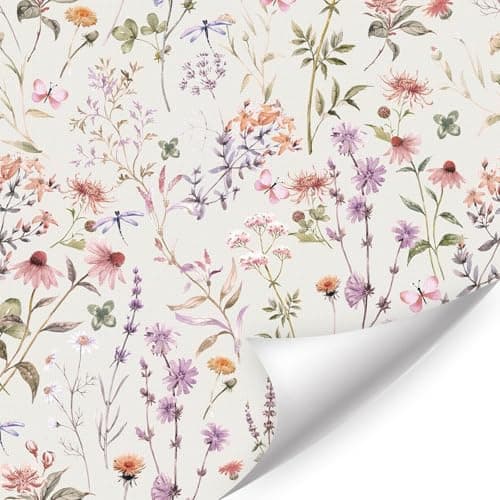 Image of ANHUIB Colorful Boho Floral Wallpaper 17”x118” Pink Decorative Room Wallpaper Self Adhesive Peel And Stick Contact Paper Girls Room Various Wildflowers And Butterfly Wall Paper for Bedroom Living Room