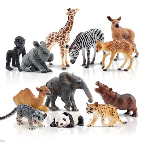 Image of toymany 12PCS Forest Animals Baby Figurines, Realistic Woodland Animals Figures Toys Includes Elephant, Mountain Lion, Giraffe and Deer Cubs, Cake Toppers Christmas Birthday Gift for Kids Toddlers