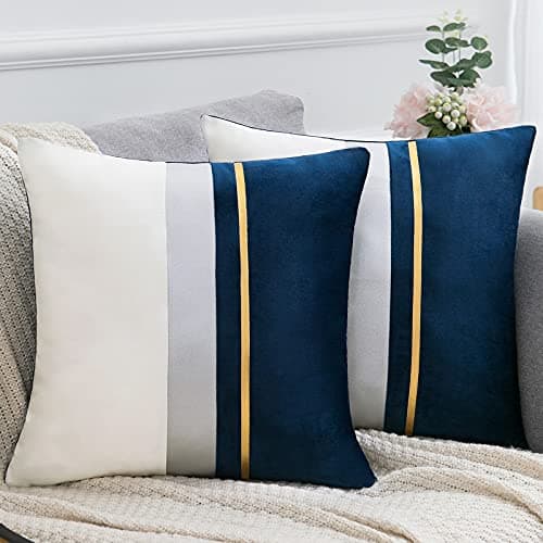 Image of Navy Blue Cushion Covers 45 x 45 cm Gold Leather Striped Patchwork Velvet Case Luxury Modern Square Throw Pillow Cover Decorative Pillow for Bedroom Living Room Bed Sofa Car 18 × 18 inch