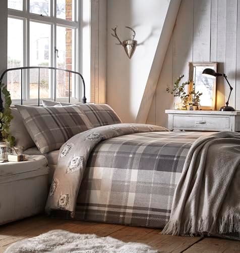 Image of Dreams & Drapes Colville Check-100 Percent Brushed Duvet Cover Set, 100 Percent Cotton, Grey, Super King