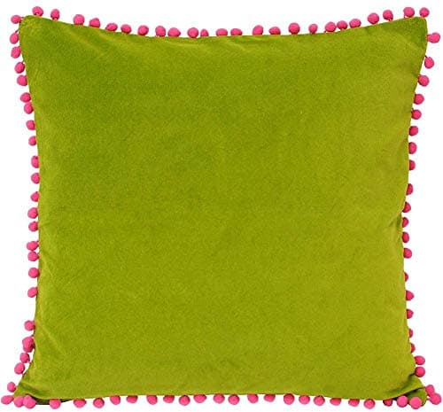 Image of Riva Paoletti Velvet Pompom Cushion Cover - Green - Faux Velvet Fabric - Contrasting Fuchsia Pink Pompom Edges - Hidden Zip Closure - 100% Soft Cotton - 45 x 45cm (18" x 18" inches)