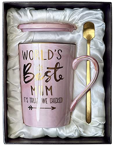 Image of Mum Birthday Mothers Day Gifts for Mum from Daughter Son - World's Best Mummy Mug, Funny Presents for New Mother to Be, 14Oz Pink Marble Ceramic Coffee Cup with Gold, Greeting Card, Neatly Gift Boxed