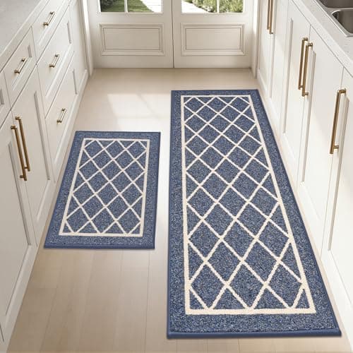 Image of BEQHAUSE-Kitchen-Rugs-Non-Slip-Kitchen-Mats-for-Floor Machine Washable Kitchen Mats 2 Pieces Navy Blue Kitchen Runner Carpet with TPR Backing, Rolled Packaging, 60X89cm+60X152cm