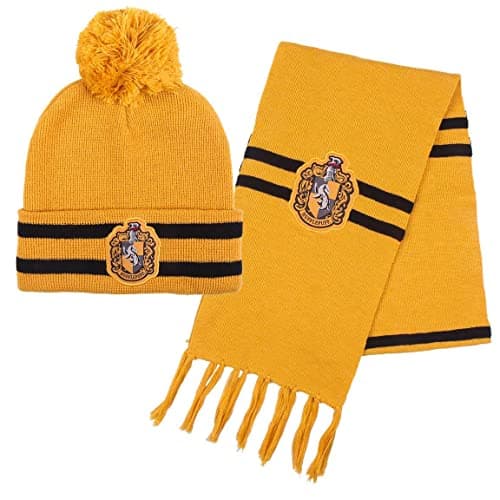 Image of Harry Potter Hufflepuff Hat & Scarf Set Winter Accessory, Yellow, One Size
