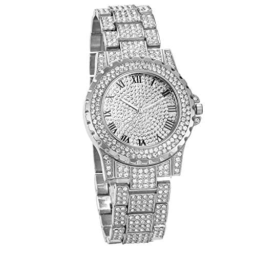 Image of JewelryWe Men Women Watches Stylish Rhinestone Round Quartz Watch Silver Tone Stainless Steel Wristwatch for Fathers Day