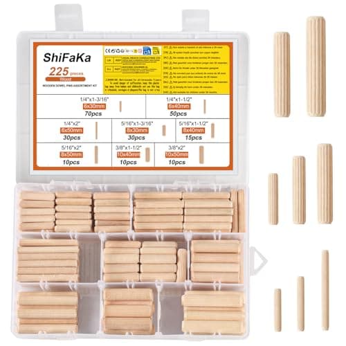 Image of 225 Pcs Wooden Dowels Assorted, M6 M8 M10 Wood Dowels Plugs, Round Hardwood Dowling Rods Grooved Plugs Dowel Rods, Wood Dowel Pins for Furniture Woodwork Fluted DIY Crafting