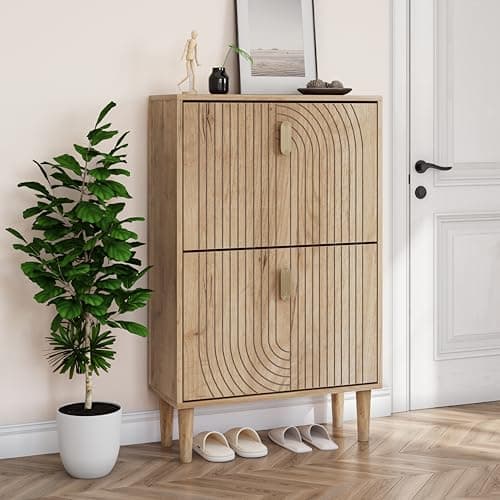 Image of Smuxee Shoe Cabinet with 2 Flip Drawers, 23.6" Oak Hidden Shoe Storage Cabinet with Line Groove Design, Freestanding Shoe Organizer Cabinet for Entryway, Hallway, Living Room