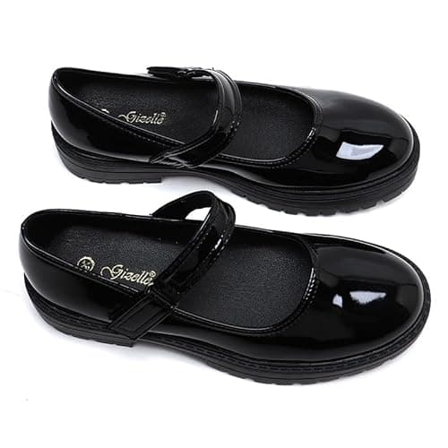 Image of Gizelle Girls Back to School Black Mary Jane Shoes - Comfortable Anti-Slip Uniform Shoes with Ankle Strap for Girls UK, 5 UK