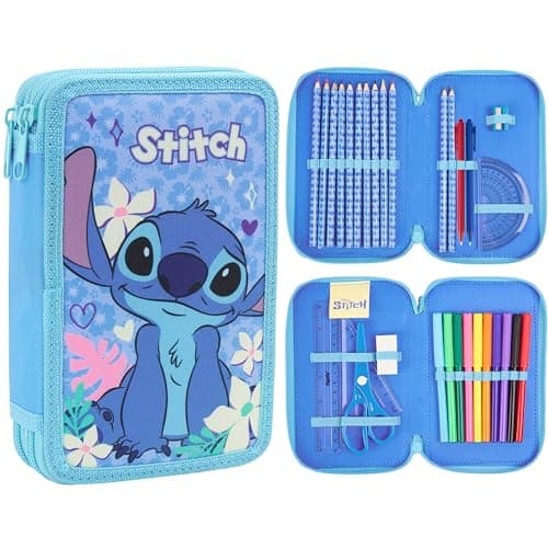 Image of Disney Stitch Pencil Case for Girls Filled with School Supplies, Large Capacity Frozen Colouring Stationery Set for Kids Tweens, Gifts for Girls (Blue Stitch 2 Compartment)