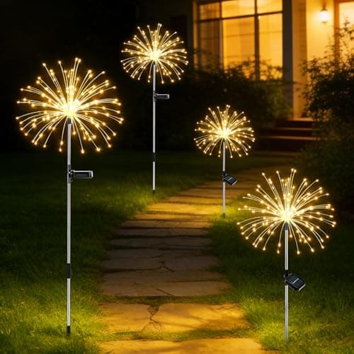 Image of Solar Lights Outdoor Garden, Solar Firework Lights, 120 LEDs 8 Modes Waterproof Starburst Light , Dandelion Stake Light Landscape Lights for Yard Lawn Party Patio Wedding Decor(4 Packs, Warm White)