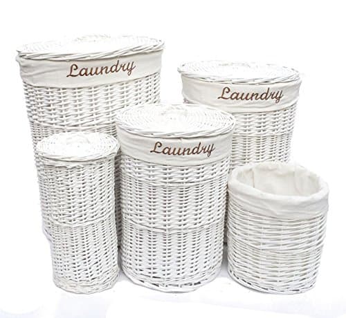 Image of Round Wicker Laundry Basket Lined Washing Storage Basket With Lid White Small 30 x 30 x 42.5 cm