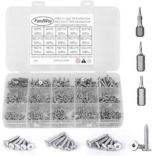 Image of FandWay 610 Pcs Torx Self Tapping Screws 304 Stainless Steel,M2 2.3 M2.6 M3 Small Wood Screws Kit,Flat Head Security Anti-Theft Screw,Torx Head Self Drilling Sheet Metal Screw With T5 T6 T8 Bits.