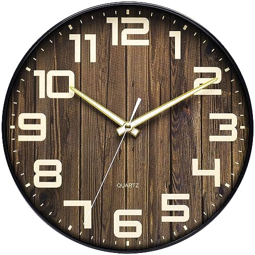 Image of NUOVO 12 Inch Wooden Round Wall Clock Silent & Non-Ticking Retro Large Number Wall Clock Operated for Living Room Bedroom Kitchen(30 cm/ 12")