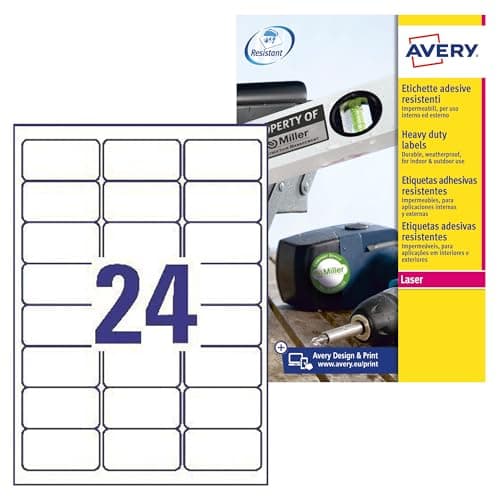 Image of Avery Resistant, Printable, Heavy Duty Labels, Customisable, 63.5 x 33.9mm, White, 24 Labels per Sheet, 480 Labels per Pack (L4773-20)