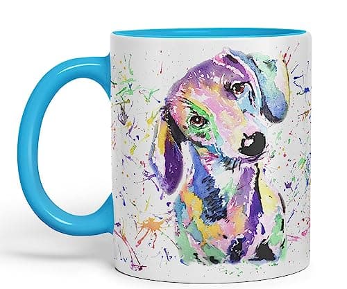 Image of Vixar Dachshund Dog Sausage Wiener Badger Pet Watercolour Rainbow Art Coloured Mug Cup Gift Birthday Work Office Christmas Tea Coffee (L Blue)