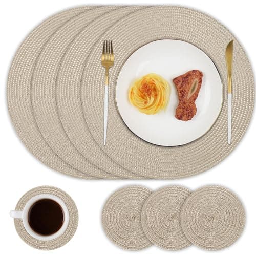 Image of Famiaby Placemats and Coasters Set of 4 Round Woven Table Mats Washable Heat Resistant Place Mats Non Slip Dinner Mats and Coasters for Kitchen Dining Table