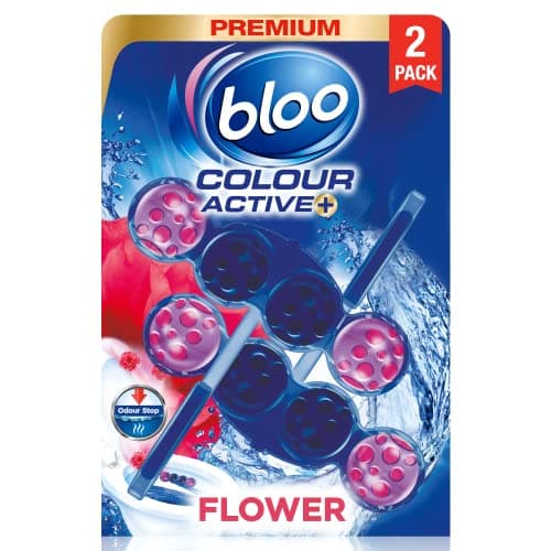 Image of Bloo Colour Active Toilet Rim Block Fresh Flowers with Anti-Limescale, Cleaning Foam, Dirt Protection and Extra Freshness - 2 x 50g