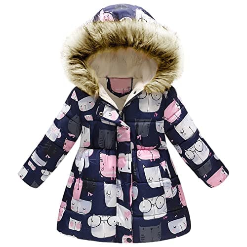 Image of amropi Girls Winter Coat Floral Hooded Jacket with Faux Fur Warm Parka Padded Overcoat 9-10 Years, Navy Cat