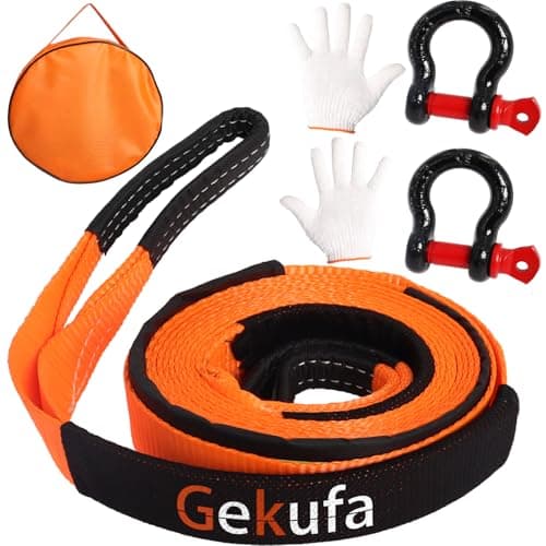 Image of Tow Rope 5M x 5CM, 10Ton (22,000 LBS) Tow Strap Car Kit with 2 Reinforced Shackles(14Ton-31,000LBS) and 2 Protective Gloves – For Off-Road Recovery and Cars (Orange)