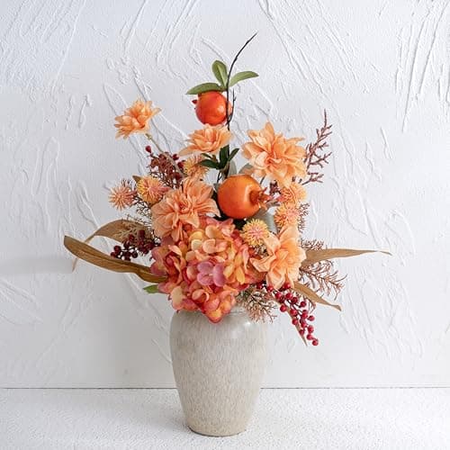 Image of SUNNY BROOK Artificial Hydrangea with Vase, Orange Silk Fake Flowers with Pomegranate Berries, Faux Flower in Vase, Arrangement for Home Autumn Décor Dining Table Decorations Coffee Table Décor