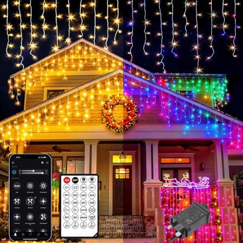Image of TEKXDD Icicle Outdoor Christmas Lights 400 LED 10M, 【APP Control】 Waterproof Warm White and RGB Icicle Lights, Remote +17 Modes + 4 Brightness + Timer + Speed, Xmas Lights Outdoor Decorations