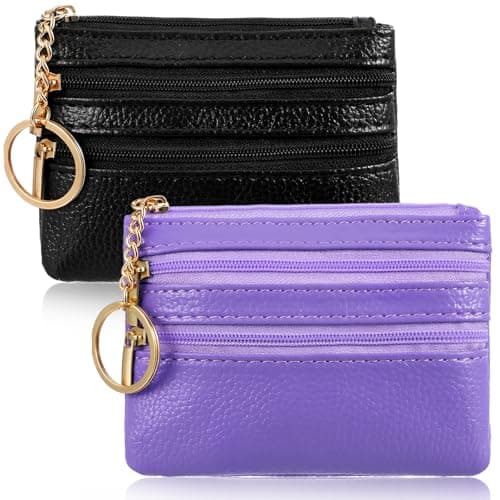 Image of 2Pcs Small Coin Purse for Women,Shimmeroo Leather Wallet for Woman Wallet Card Holder with Zip - 3 Compartments & Keychain Small Purses for Women (Black,Purple)