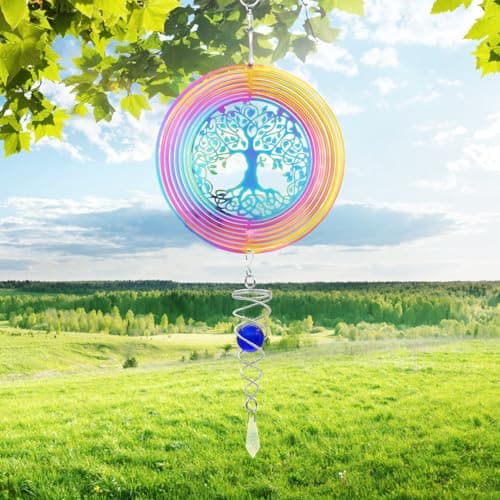 Image of LUKDUNG Metal Wind Spinner, 3D Hanging Rotating Wind Chimes, Rainbow Tree of Life Wind Sculptures, Art Ornaments Decorations for Outdoor Yard Garden Balcony, Diameter: 15cm