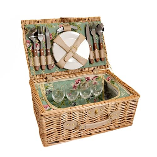 Image of Arthur Cameron - Fully Equipped Family Picnic Basket for 4 People, with Built-in Cool Box and Wine Glasses, Plates & Cutlery - Natural Wicker 4 Person Picnic Basket