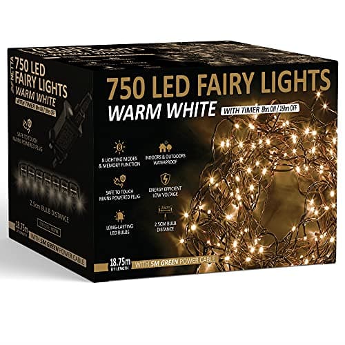 Image of Christmas Tree Lights 750 LED 18.75m Warm White - 2.5cm Bulb Distance Fairy String Lights Plug in with Timer and Memory Functions - Suitable for Outdoor/Indoor Use